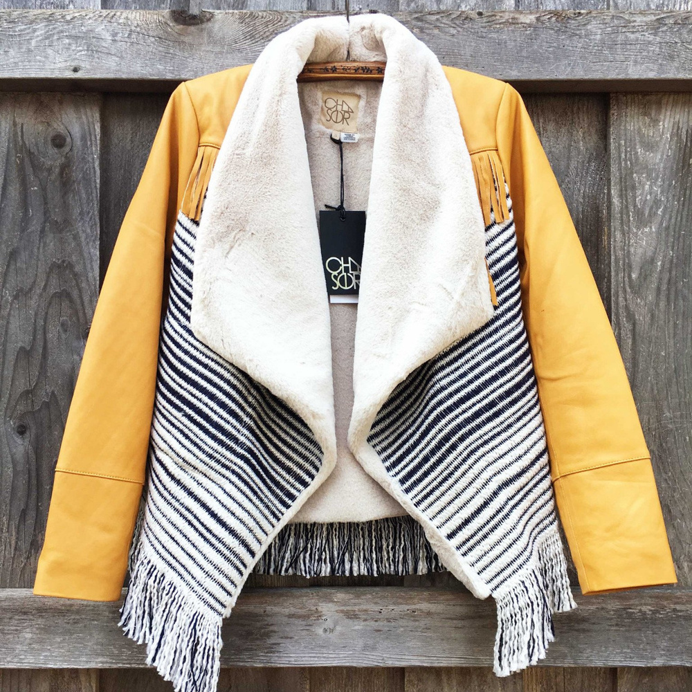 CHASER Leather Tweed Fringe Jacket